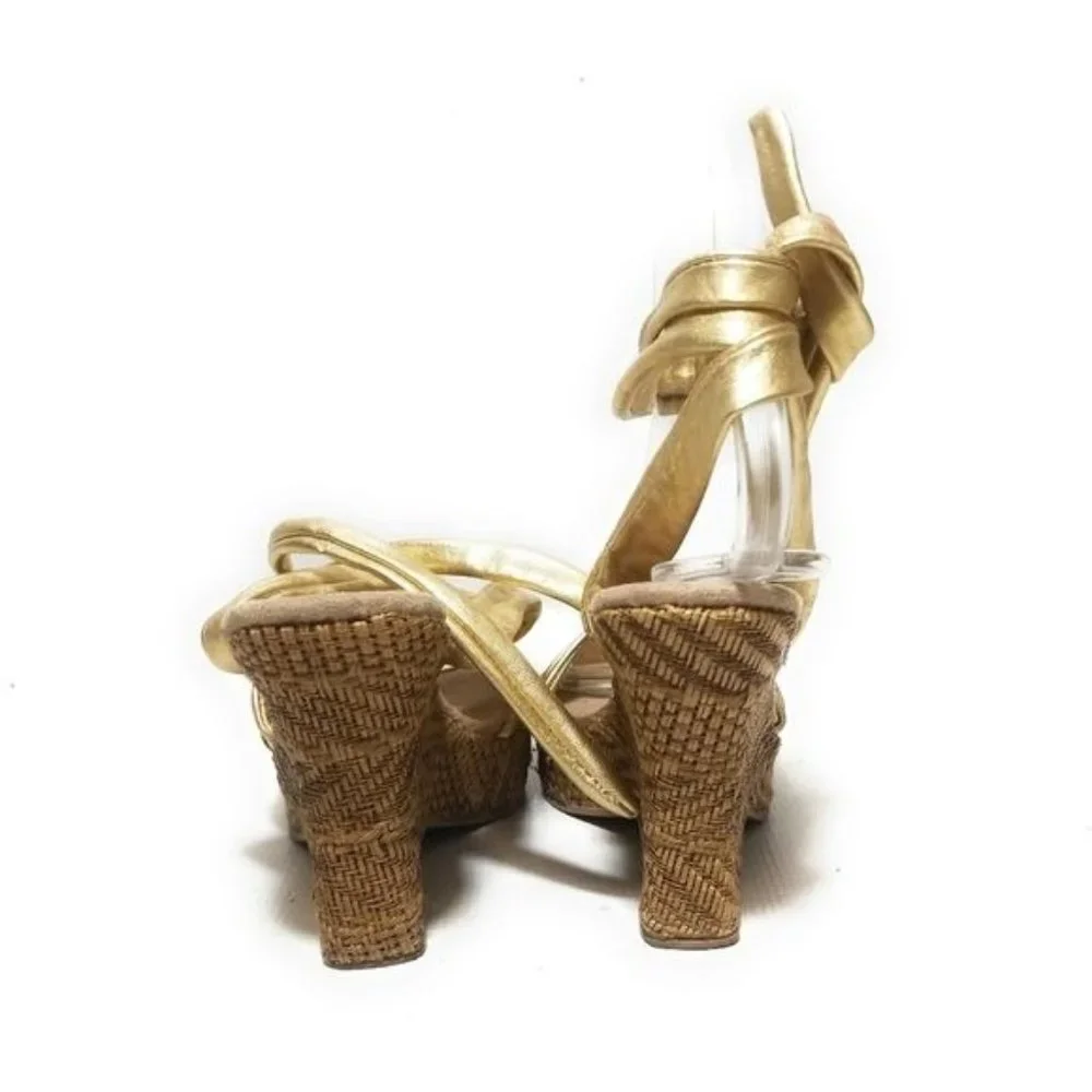Seychelles Flamenco Lace Up Metallic Gold Wedge Cork Sandals Ankle Tie Size 6